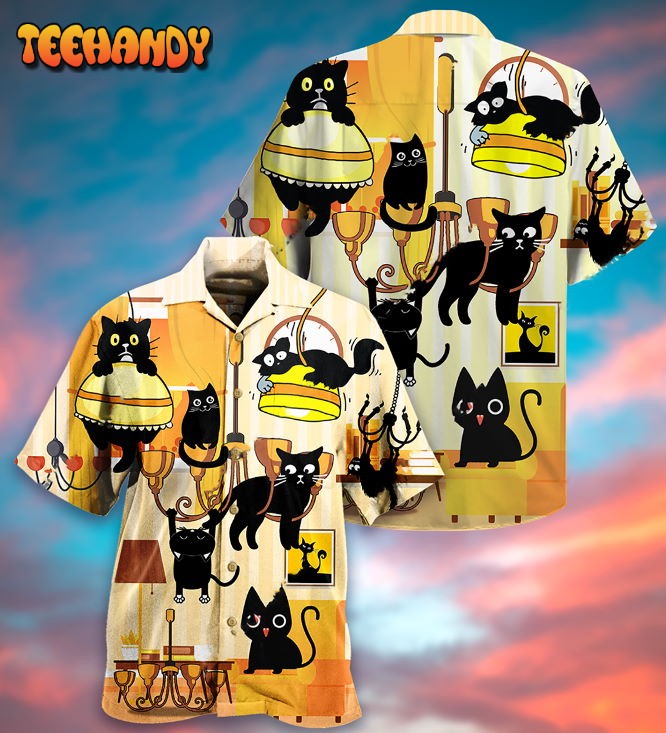 Black Cat Yellow Dinner Style Hawaiian Shirt