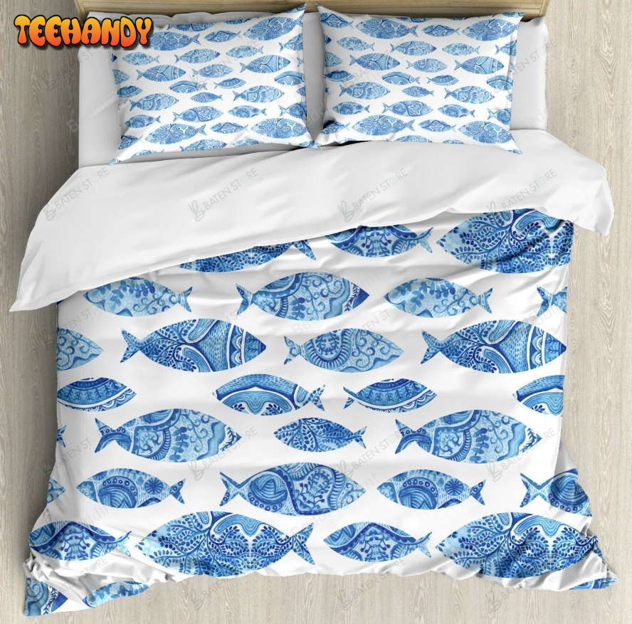 Blue Fish Patterns Bed Sheets Duvet Cover Bedding Sets