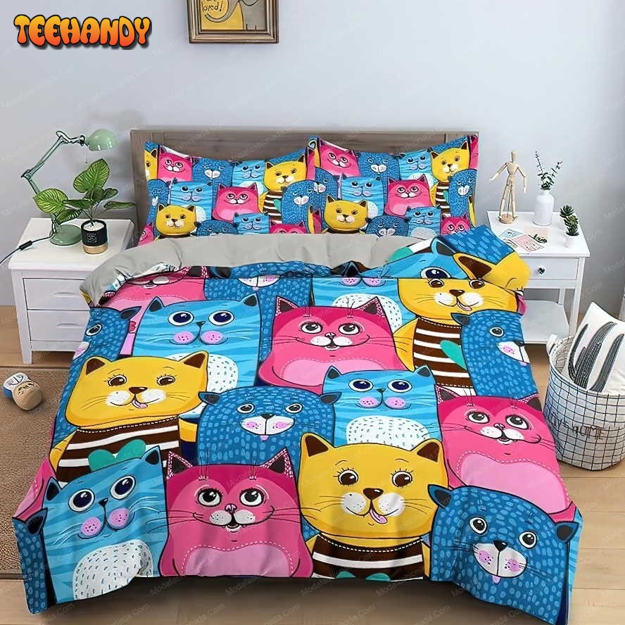 Blue, Pink and Yellow Cute Cats Kids Toddler Duvet Cover Bedding Sets