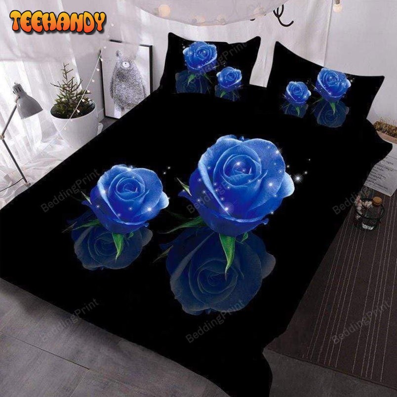 Blue Rose On Black Duvet Cover Bedding Sets