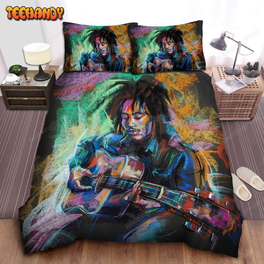 Bob Marley And His Guitar Wax Color Painting Duvet Cover Bedding Sets