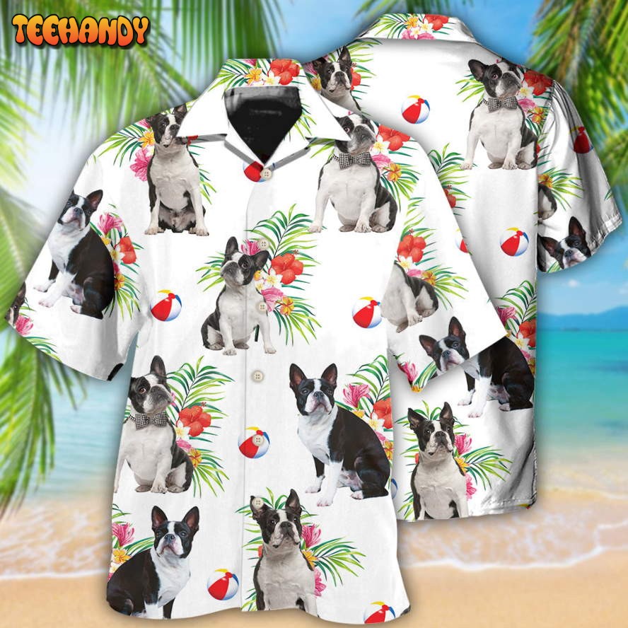 Boston Terrier Dog Ball Tropical Floral Hawaiian Shirt