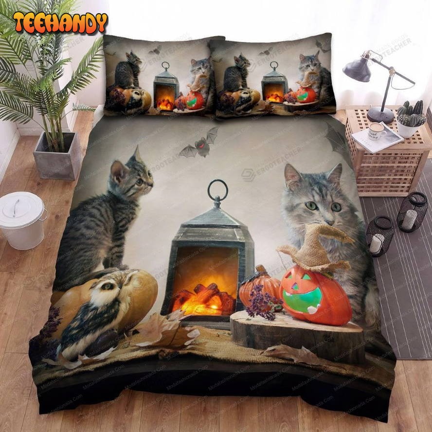 Buy Art Halloween, Owl, Photoshoot Owl And Cat Animal 253 Bedding Set