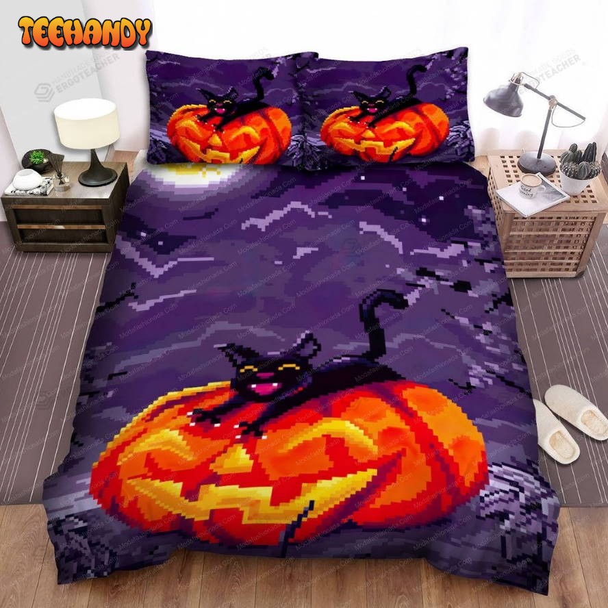 Buy Halloween Jack O Lantern Pixel Art & Black Cat Animal 275 Bedding Set