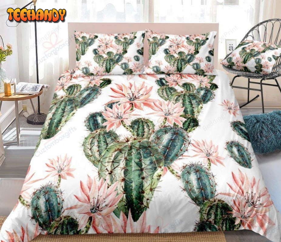 Cactus Flowers All Over Printed In White Duvet Cover Bedding Sets