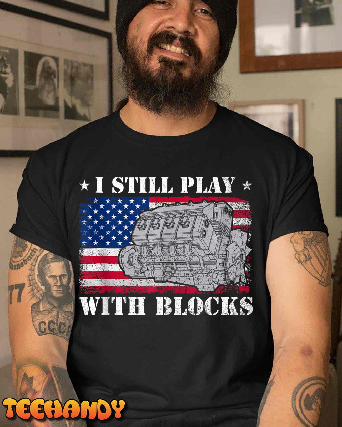 Car Engine Auto Mechanic I Still Play With Blocks USA Flag Tank Top T Shirt