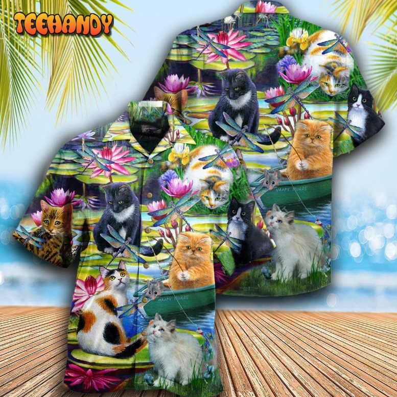 Cat Curious In A Water Lily Lake Hawaiian Shirt