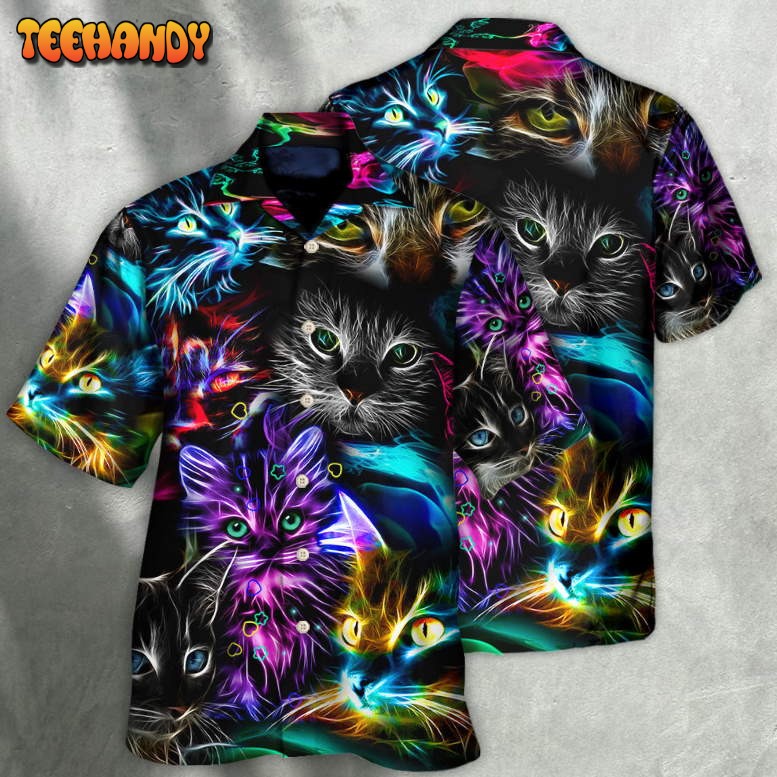 Cat Funny Neon Light Colorful Style Hawaiian Shirt