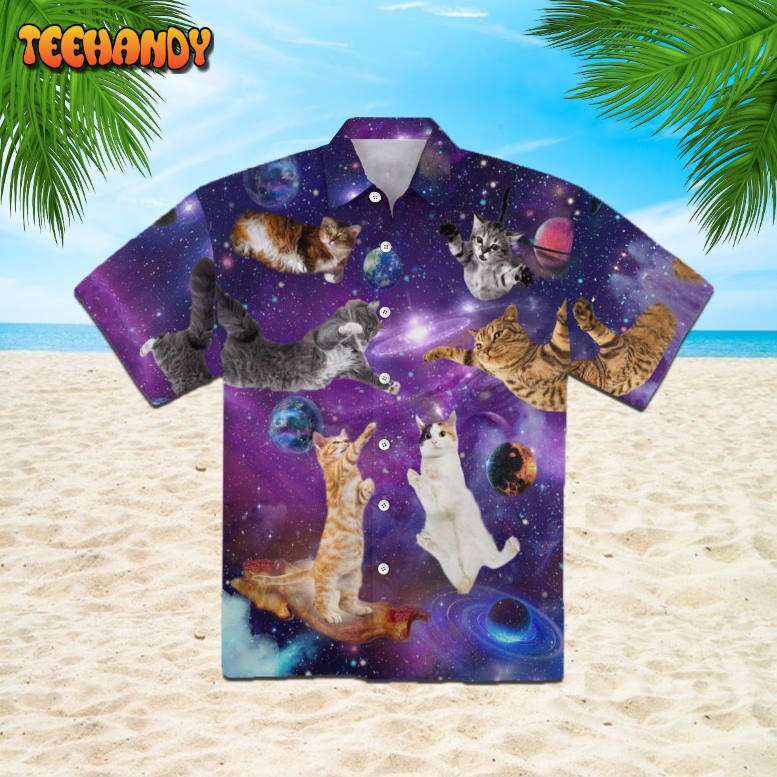 Cat Sits Silhouette Of A Bright Galaxy Hawaiian Shirt