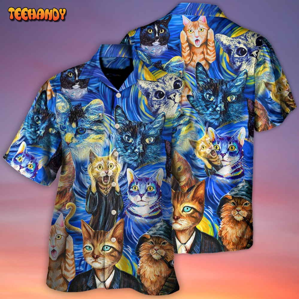 Cat Starry Night Funny Cat Painting Art Style Hawaiian Shirt