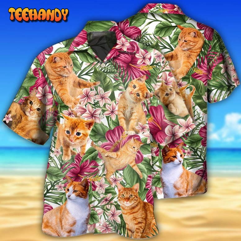 Cat Tropical Floral Orange Cat Hawaiian Shirt