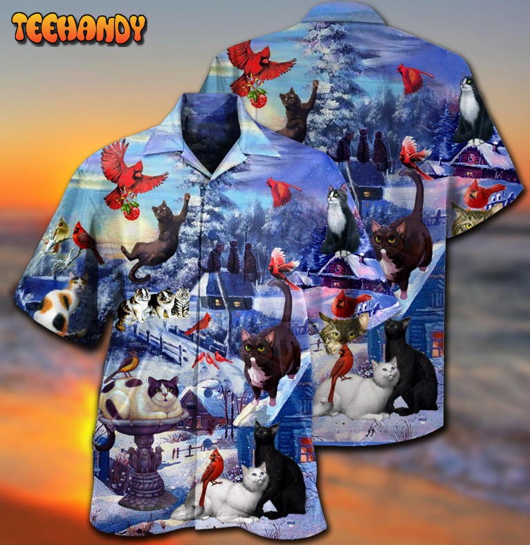 Cat Watching Cardinal Birds Hawaiian Shirt