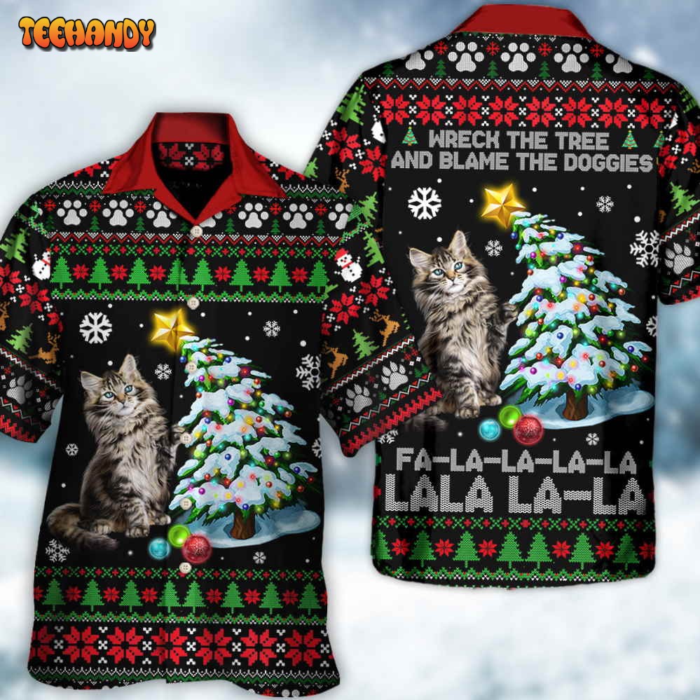 Cat Wreck The Tree Light Funny Ugly Style Christmas Hawaiian Shirt