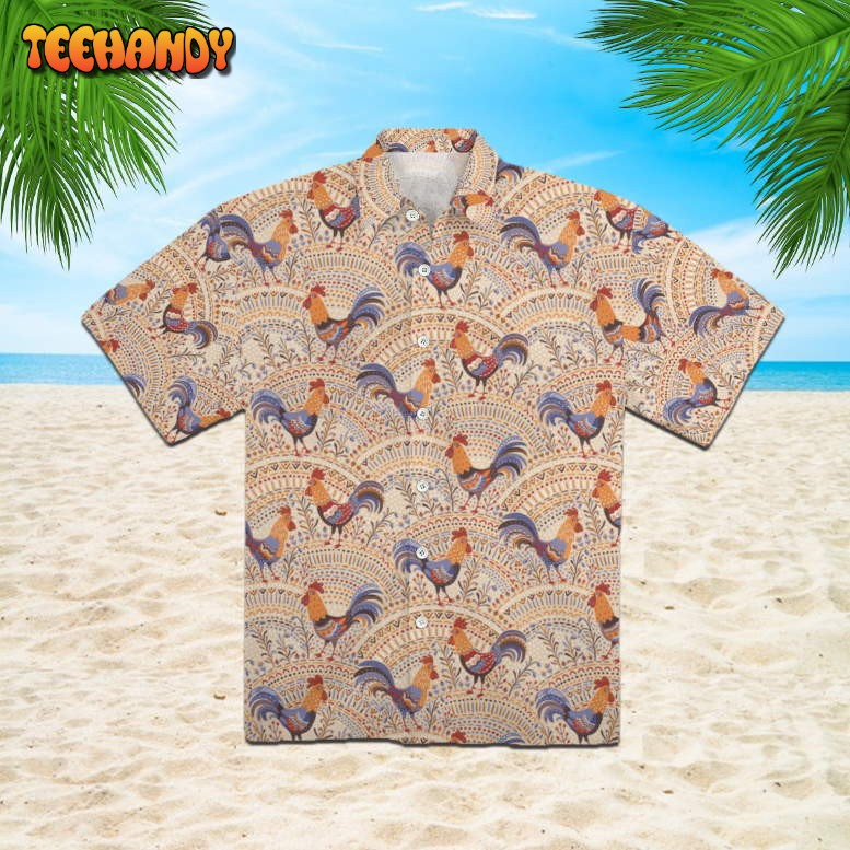 Chicken Roosters In Floral Ornament On A Beige Native Pattern Hawaiian Shirt