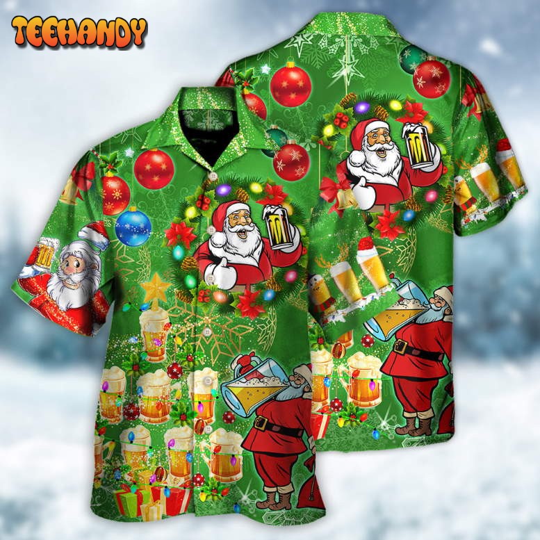 Christmas Funny Santa Claus Drinking Beer Happy Christmas Tree Green Light Hawaiian Shirt