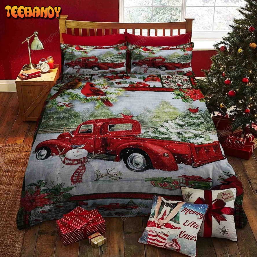 Christmas Red Truck Snowy Cardinals Bed Sheets Duvet Cover Bedding Sets