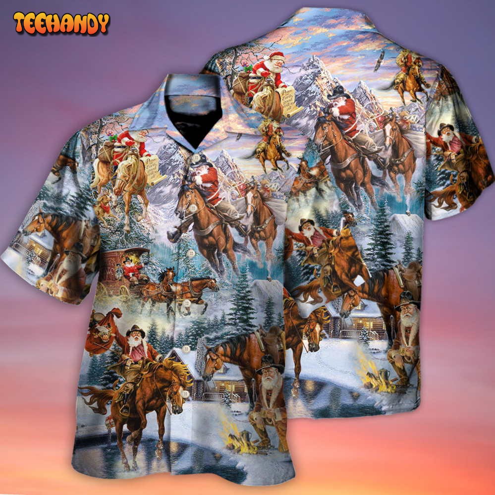 Christmas Santa Claus Riding Horse Snow Mountain Hawaiian Shirt