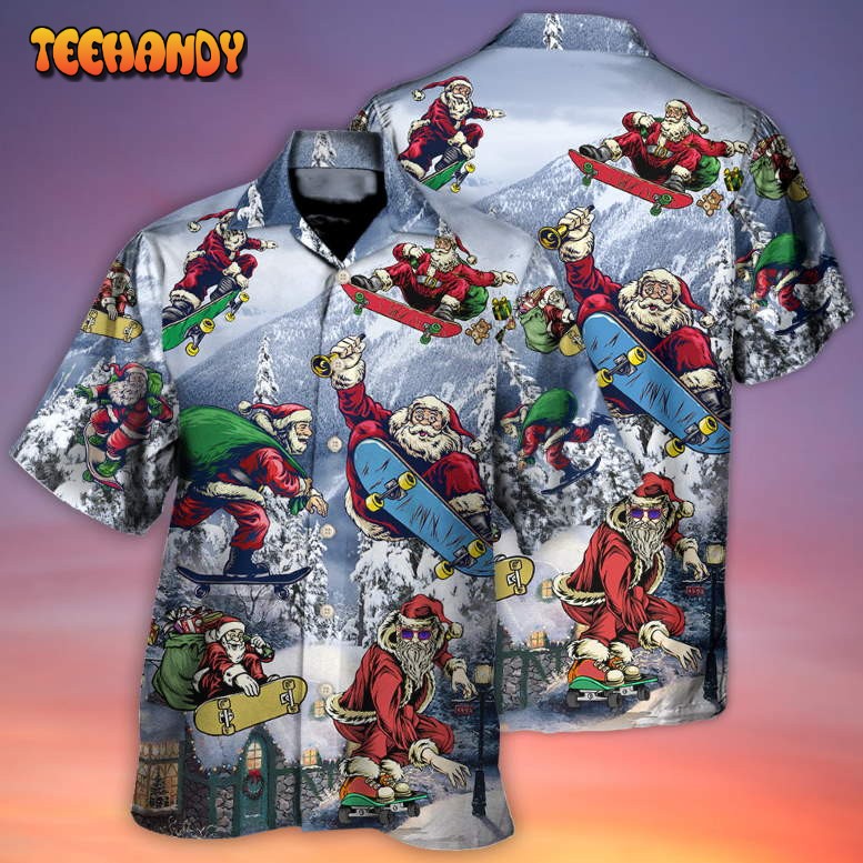 Christmas Santa Claus Skateboarding Snow Mountain Hawaiian Shirt