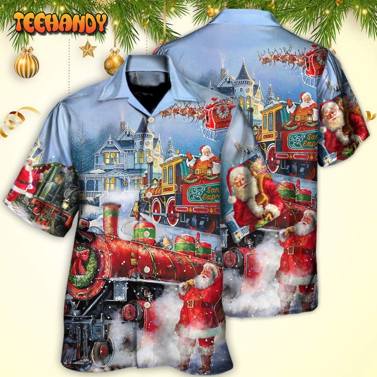 Christmas Santa Claus Train Gift For Xmas Painting Style Hawaiian Shirt