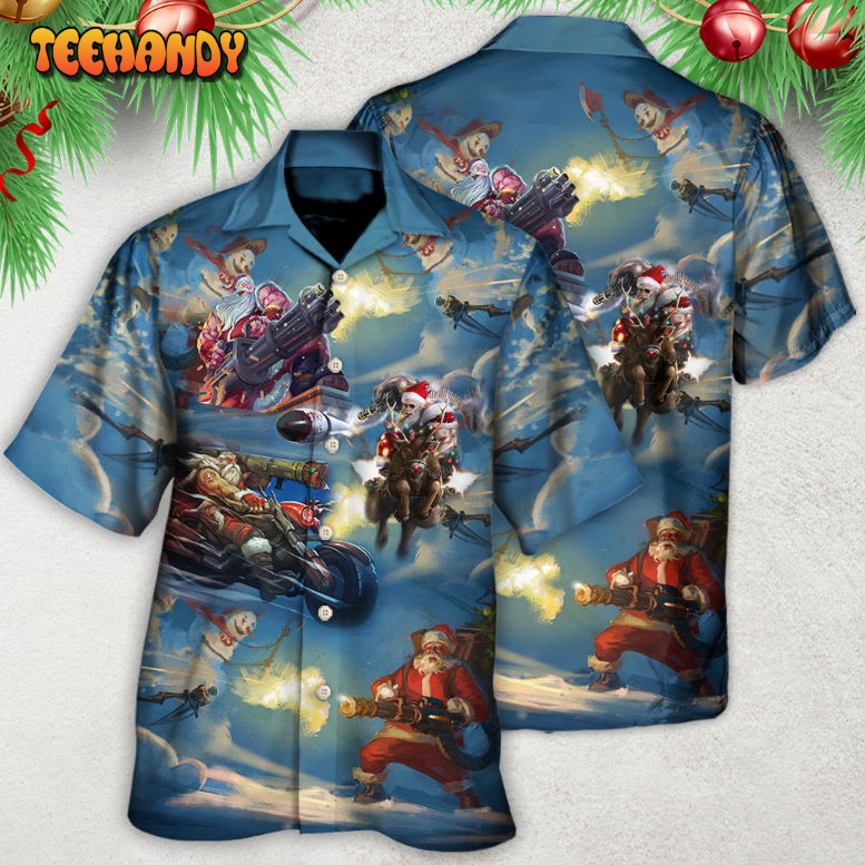 Christmas Santa Gun Fight In Xmas Hawaiian Shirt