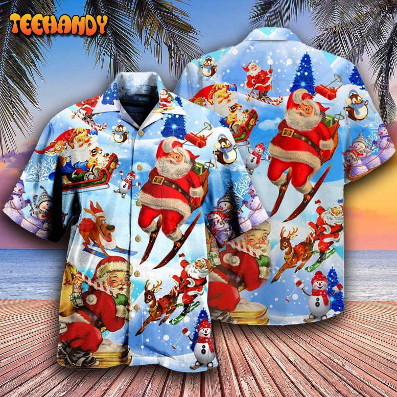 Christmas Skiing Santa Claus In Blue Hawaiian Shirt