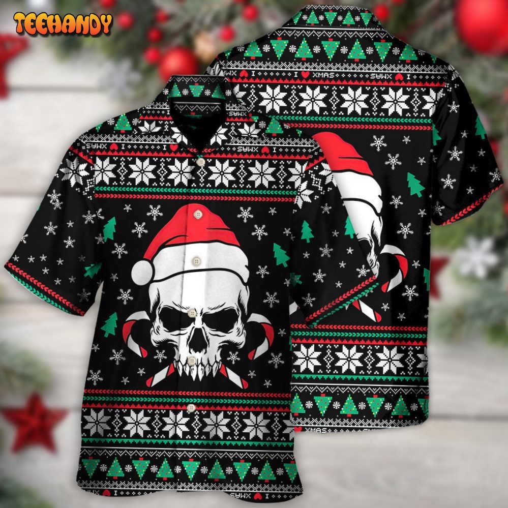 Christmas Skull Wearing Santa Claus Hat And Sweat Candy Hawaiian Shirt