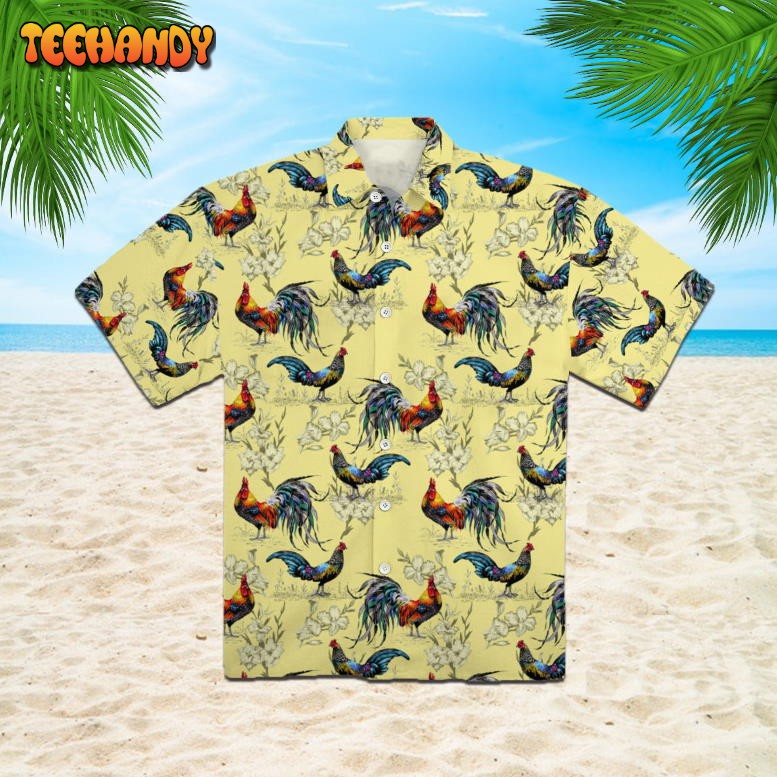 Colorful Farm Chicken Roosters Silhouettes Love Flowers Hawaiian Shirt