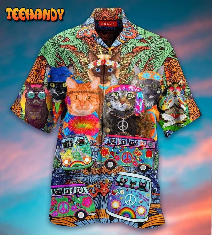 Colorful Hippie Van And Cat Unisex Hawaiian Shirt