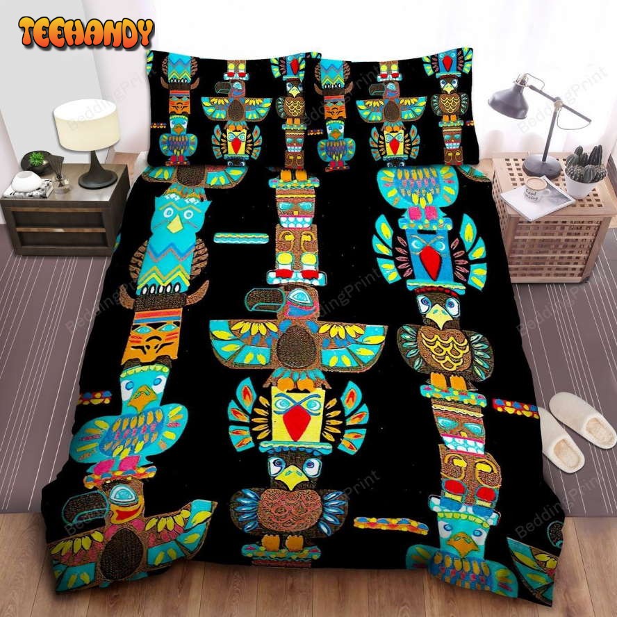 Colorful Native American Totem Poles Painting On Black Bedding Sets