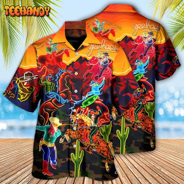 Cowboy Neon Riding Horse Desert Hawaiian Shirt