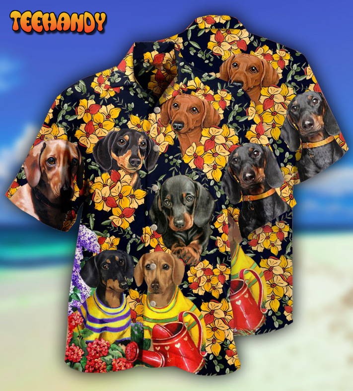 Dachshund And Flowers Black Style Hawaiian Shirt