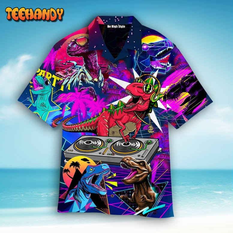 Dinosaur T-rex Neon DJ Party Hawaiian Shirt