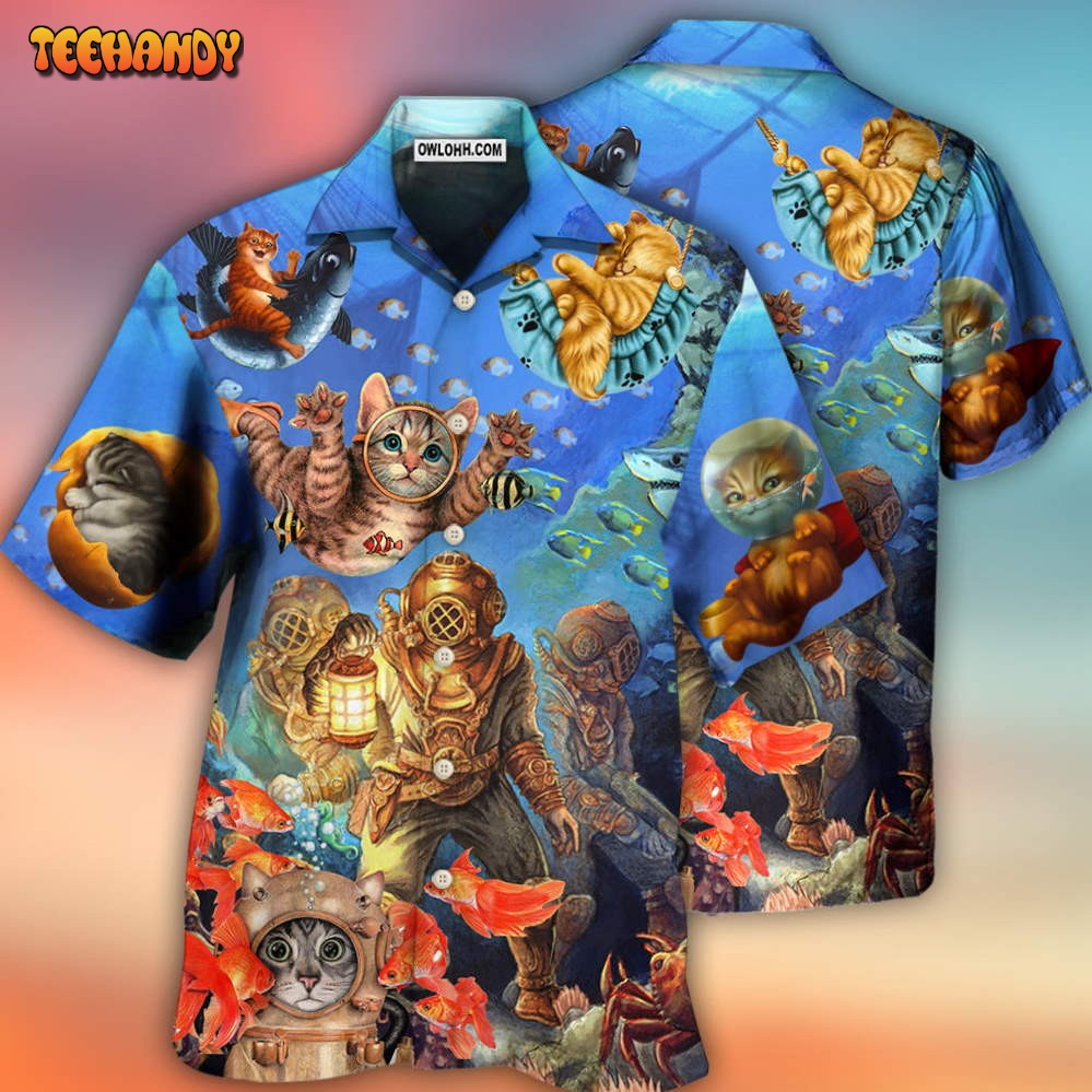 Diving Cat Under The Sea Art Style Hawaiian Shirt