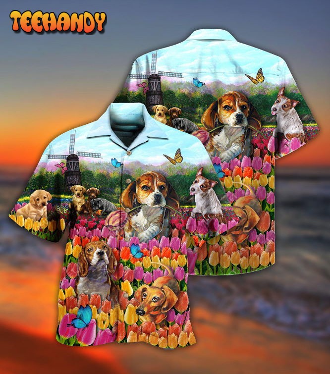 Dogs Lovely Romantic Tulip Garden Hawaiian Shirt