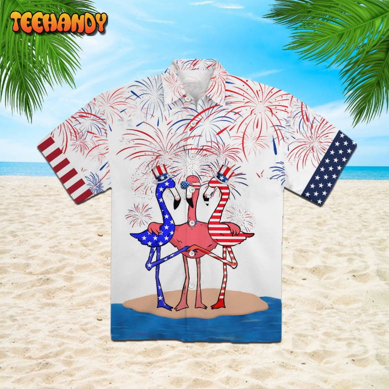 Flamingo American Flag Firework Hawaiian Shirt