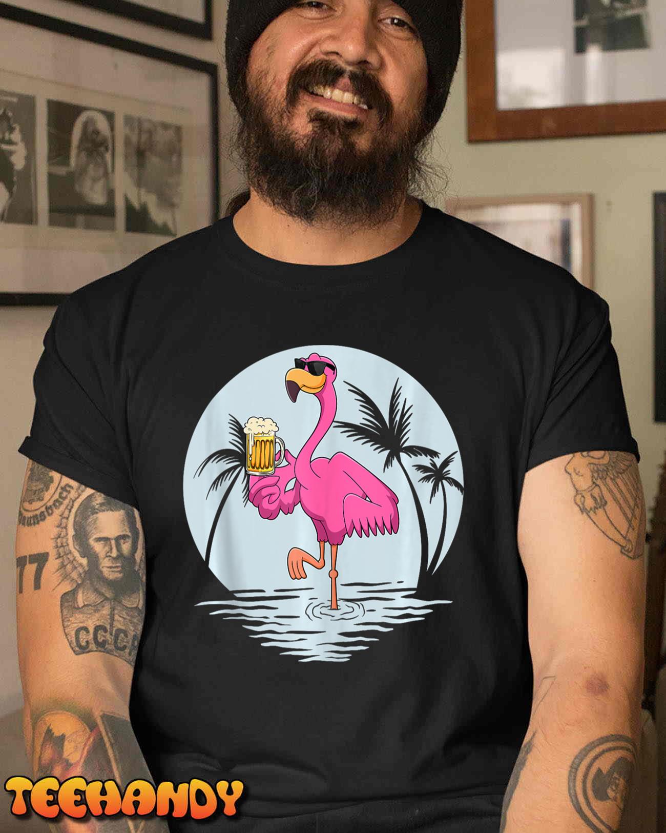 Funny Pink Flamingo Bird With Mug Of Beer Summer Vacation T Shirt