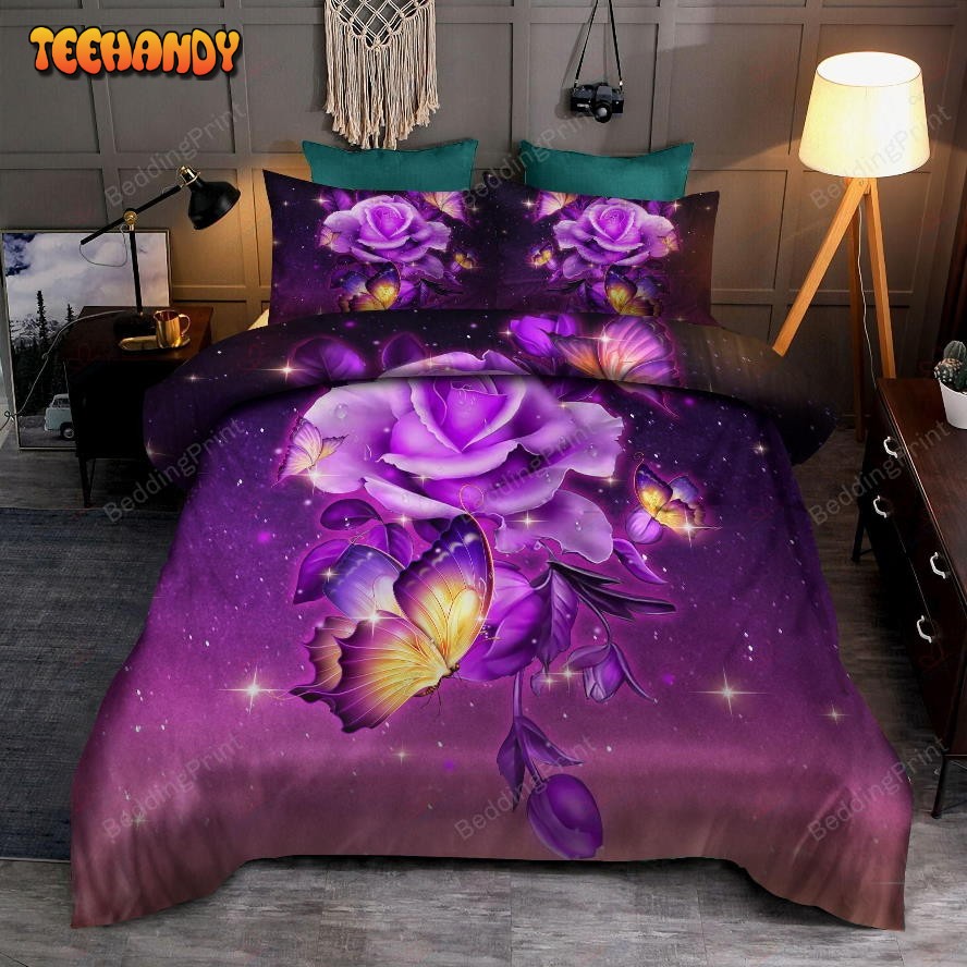 Galaxy Purple Butterfly And Rose Bed Sheets Duvet Cover Bedding Sets