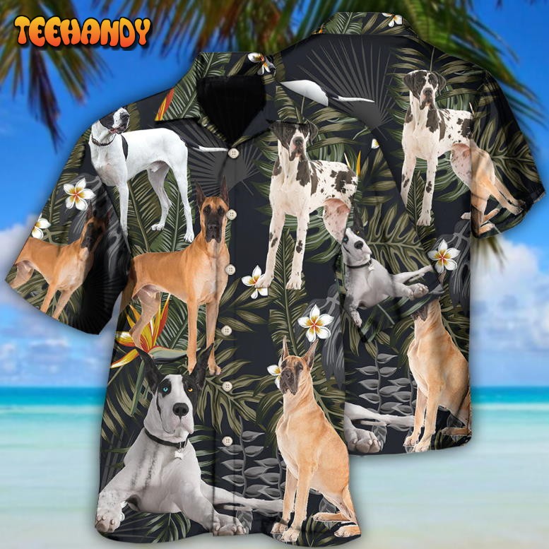 Great Dane Dog Tropical Leaf Black Style Hawaiian Shirt