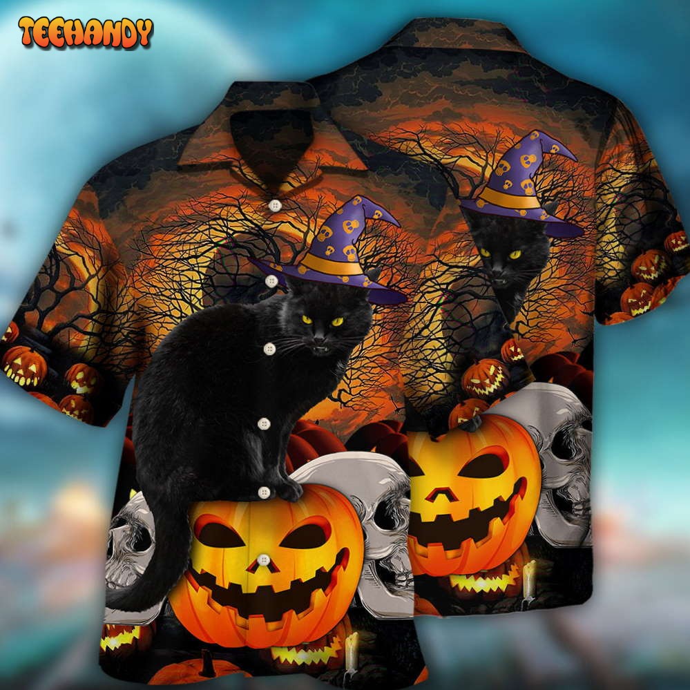 Halloween Black Cat Scary Pumpkin Hawaiian Shirt