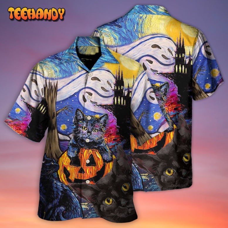 Halloween Black Cat Starry Night Funny Cat Painting Hawaiian Shirt