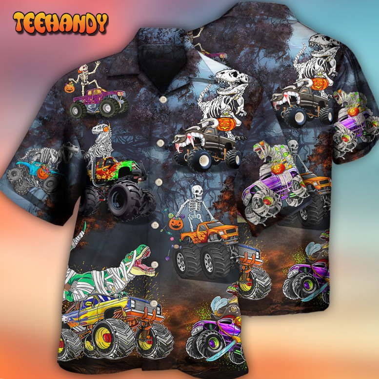 Halloween Skeleton Dinosaur Driving Monster Truck Hawaiian Shirt