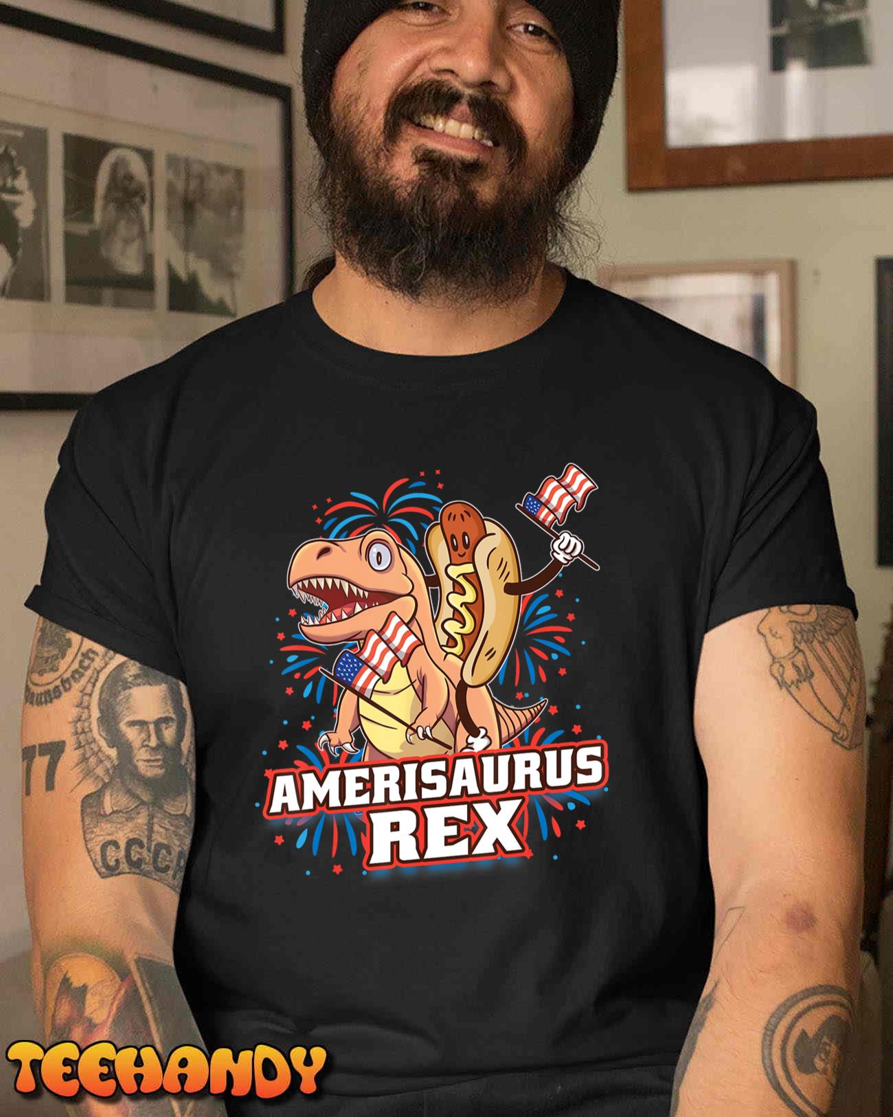 Hotdog T Rex Dinosaur 4th of July Amerisaurus Funny Gifts T-Shirt