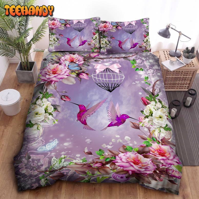 Hummingbird And Flowers Purple Aesthetic Duvet Cover Bedding Sets