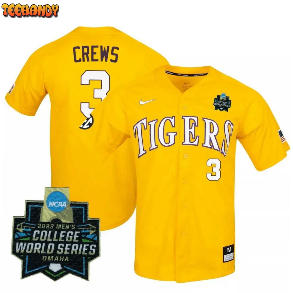 LSU Tigers Dylan Crewws 3 2023 College World Series Baseball Jersey Gold