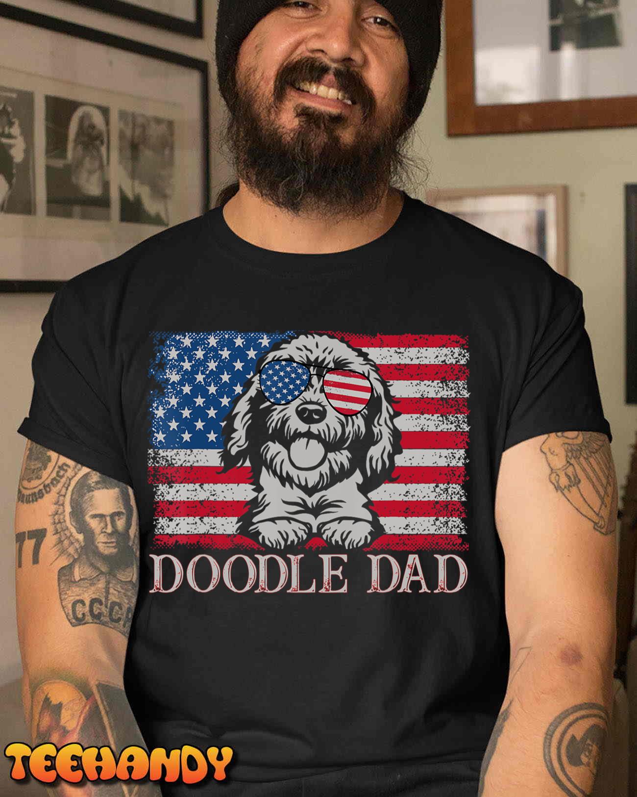 Mens Doodle Dad Goldendoodle Dog American Flag 4th of July T-Shirt