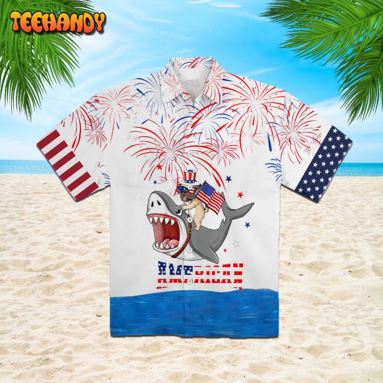 Puppy Riding Shark With American Flag Firework Hawaiian Shirt