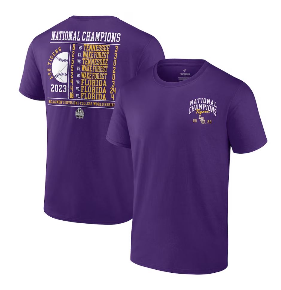 Purple LSU Tigers 2023 NCAA Men’s Baseball College World Series Champions Schedule T-Shirt