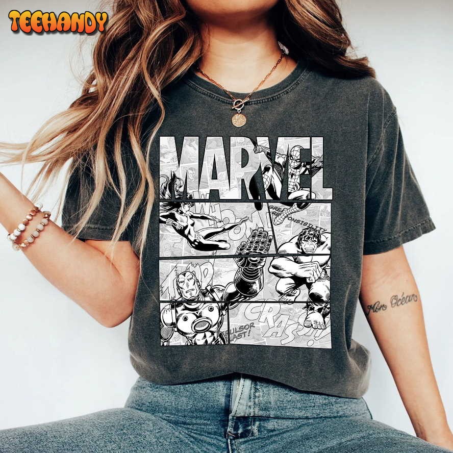 Retro Marvel Avengers Black and White Comic Graphic Shirt