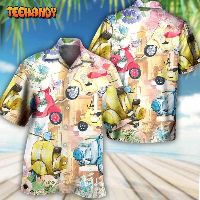 Scooter And Flowers Watercolor Art Hawaiian Shirt