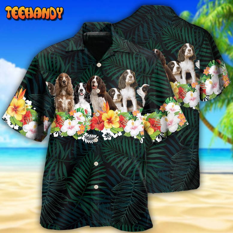 Springer Spaniel Dog Green Tropical Floral Hawaiian Shirt